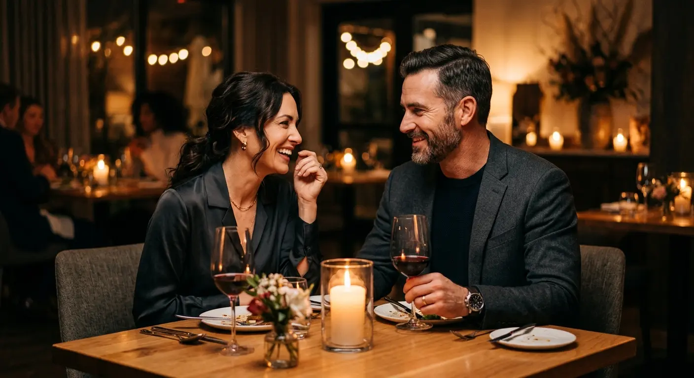Couple at a candlelit dinner table