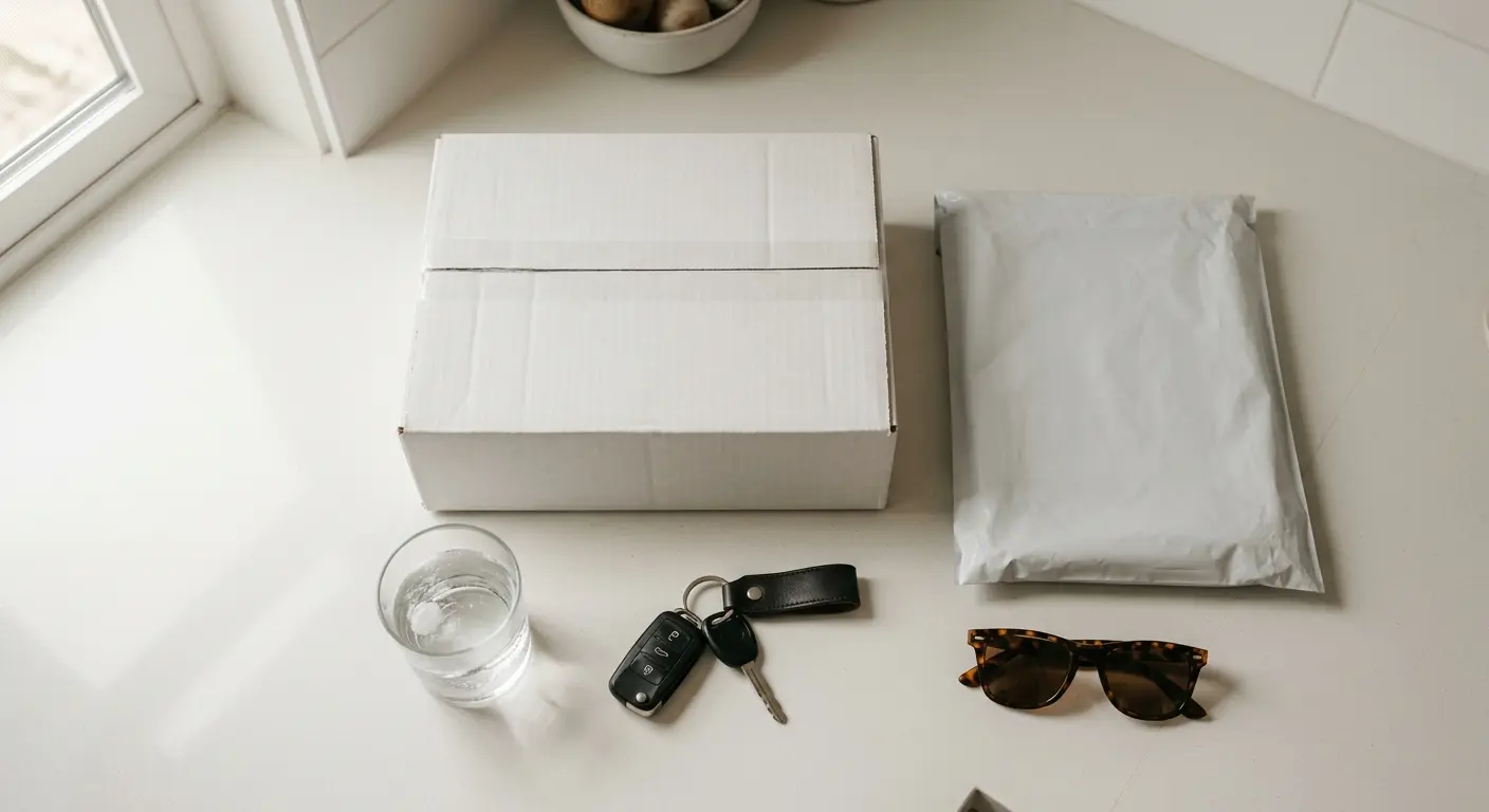 Plain unbranded shipping box on a kitchen counter