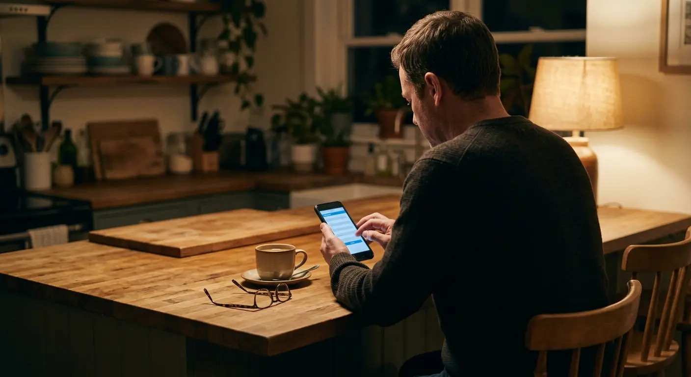 Man completing an online health review on his phone at home